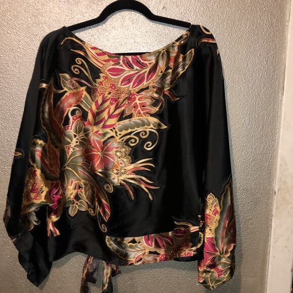 Cache Glam Edgy Party Up Town Old Money Scandi Silk Waist Tie Floral Cutouts Top - Picture 12 of 16